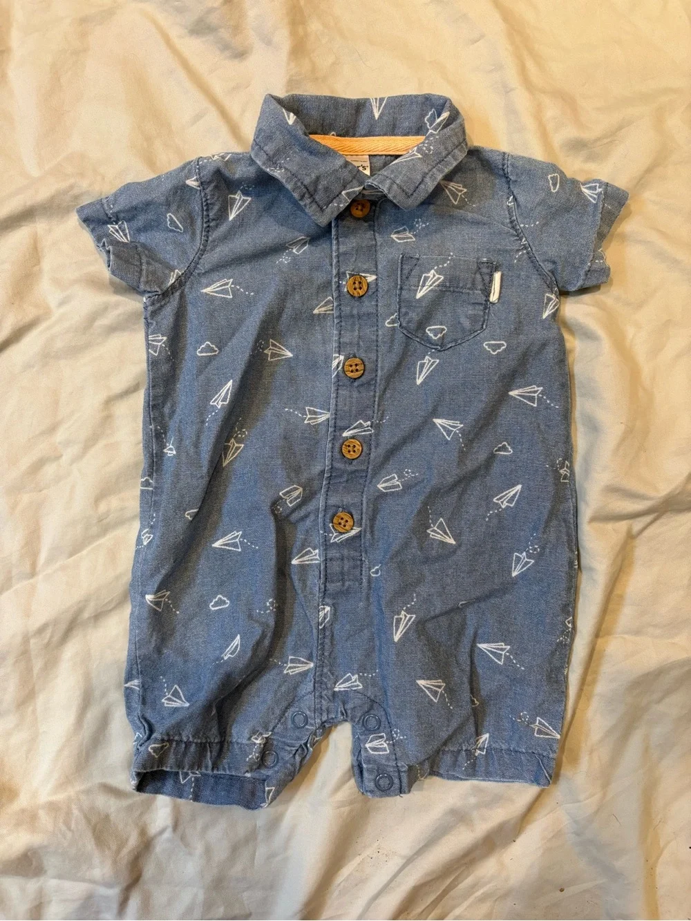Carter's Blue Short-Sleeve Button Romper with White Paper Plane Print